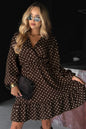Chicory Coffee Polka Dot Long Sleeve Wrap V Neck Ruffle Hem Mini Dress