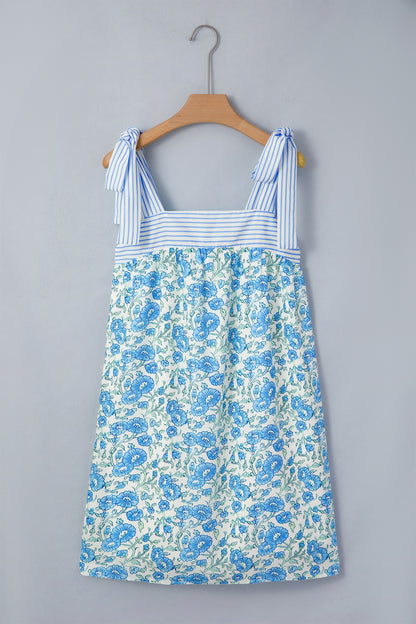 Womens Sky Blue Floral Print Striped Patchwork Bow Knot Straps Mini Dress