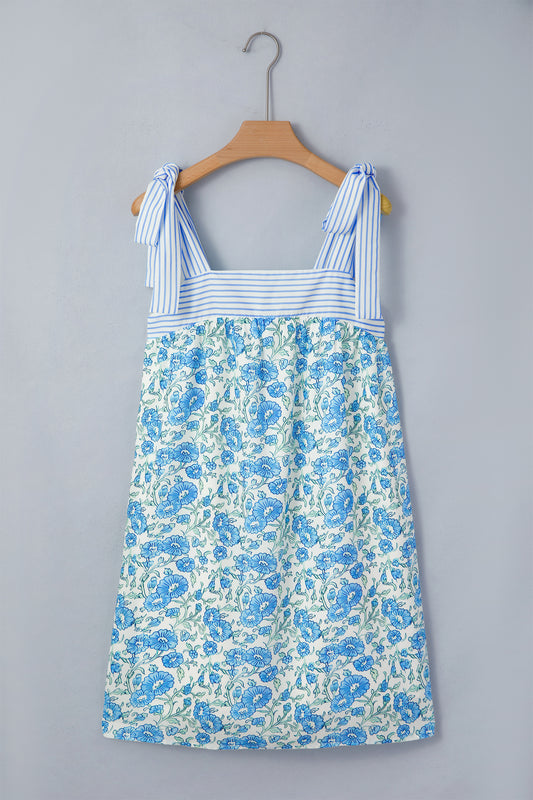 Womens Sky Blue Floral Print Striped Patchwork Bow Knot Straps Mini Dress