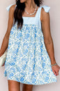 Womens Sky Blue Floral Print Striped Patchwork Bow Knot Straps Mini Dress