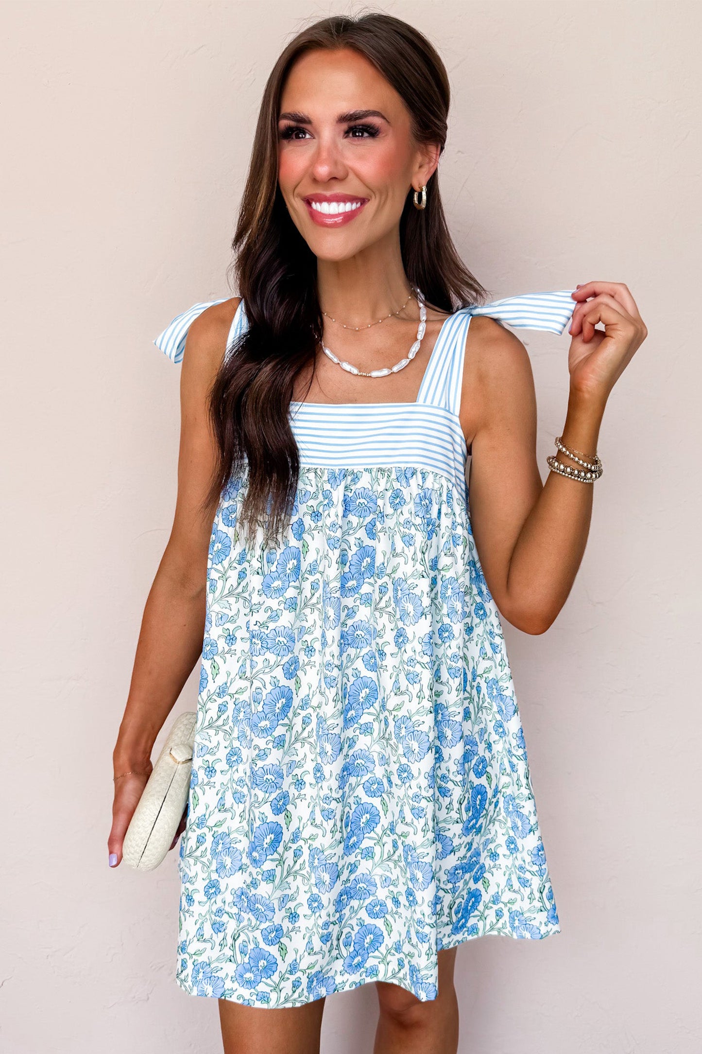 Womens Sky Blue Floral Print Striped Patchwork Bow Knot Straps Mini Dress