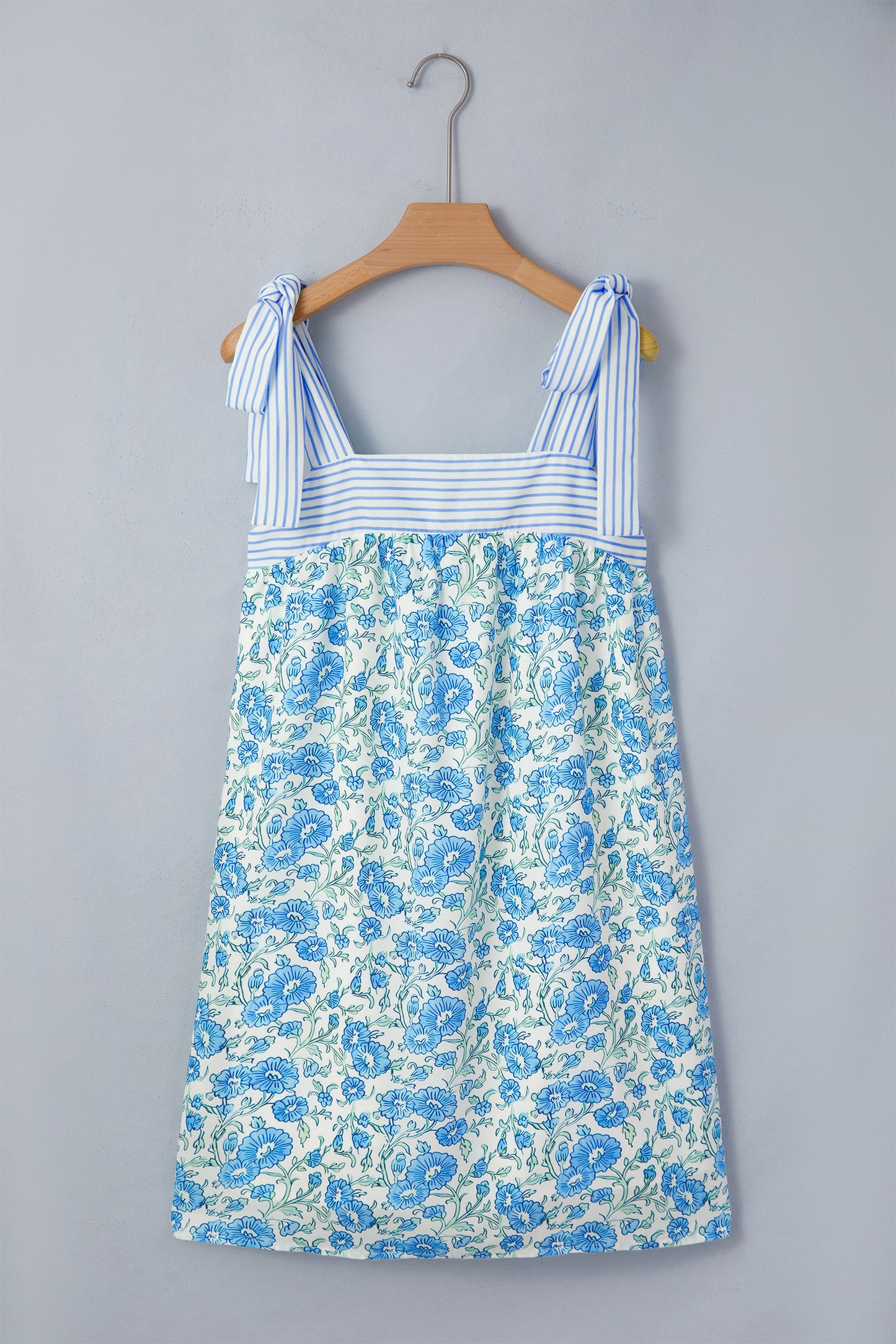 Womens Sky Blue Floral Print Striped Patchwork Bow Knot Straps Mini Dress