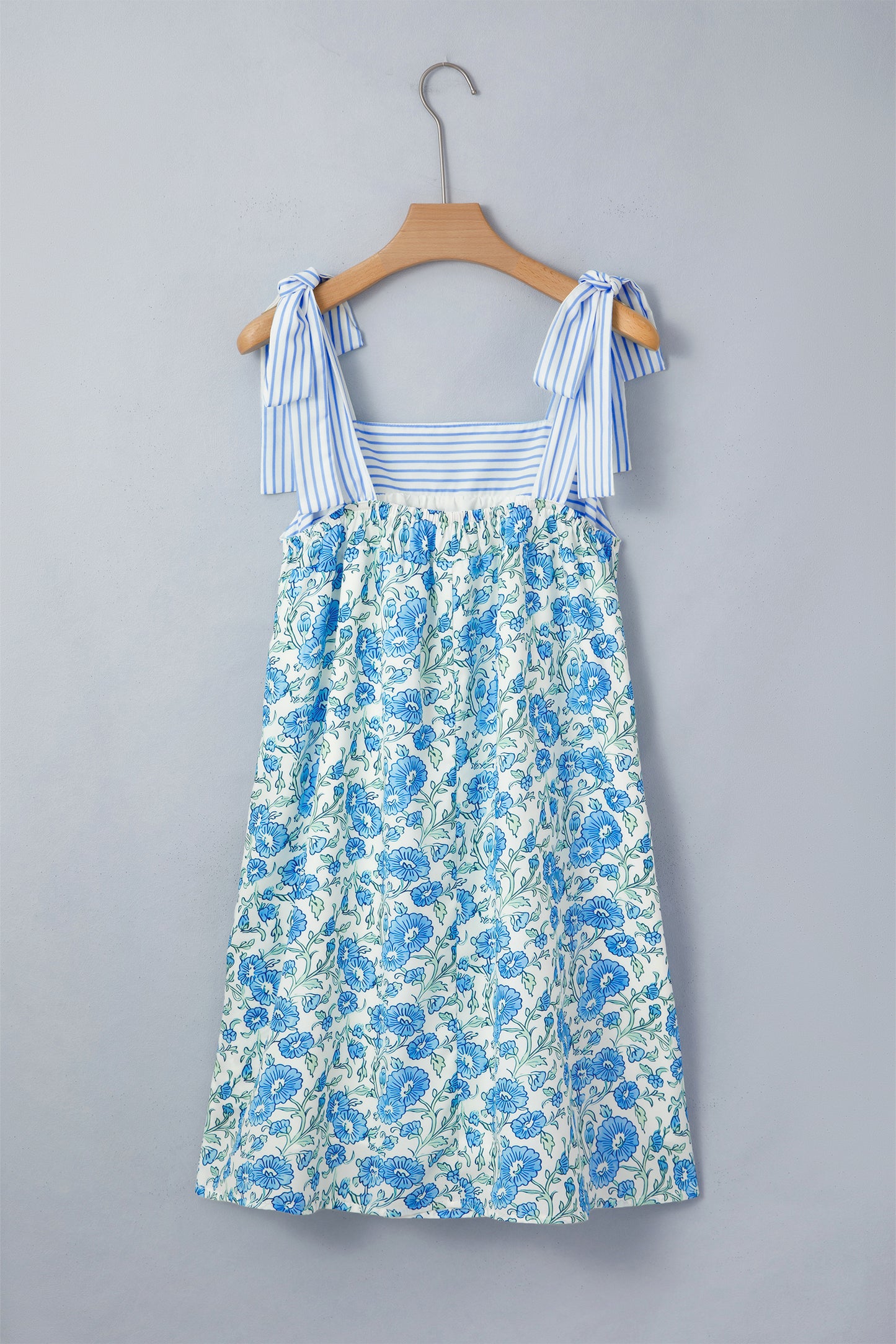 Womens Sky Blue Floral Print Striped Patchwork Bow Knot Straps Mini Dress