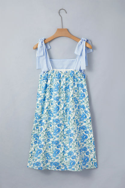 Womens Sky Blue Floral Print Striped Patchwork Bow Knot Straps Mini Dress