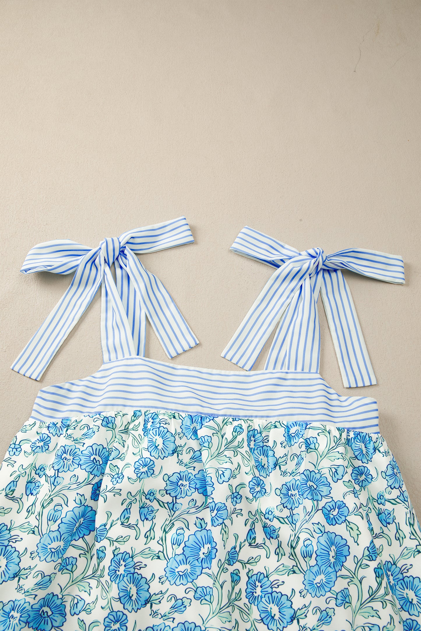 Womens Sky Blue Floral Print Striped Patchwork Bow Knot Straps Mini Dress