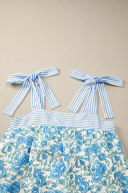 Womens Sky Blue Floral Print Striped Patchwork Bow Knot Straps Mini Dress