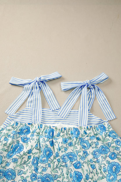 Womens Sky Blue Floral Print Striped Patchwork Bow Knot Straps Mini Dress