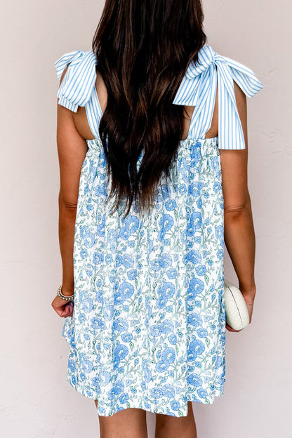 Womens Sky Blue Floral Print Striped Patchwork Bow Knot Straps Mini Dress