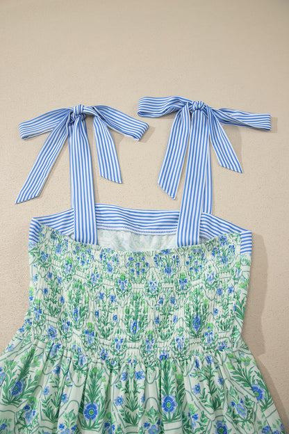 Womens Green Geometric Floral Print Striped Patchwork Detail Sleeveless Dress（Runs Small ）