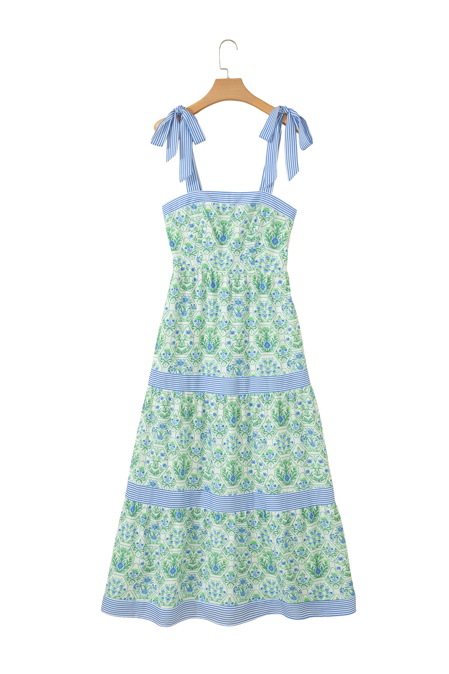 Womens Green Geometric Floral Print Striped Patchwork Detail Sleeveless Dress（Runs Small ）