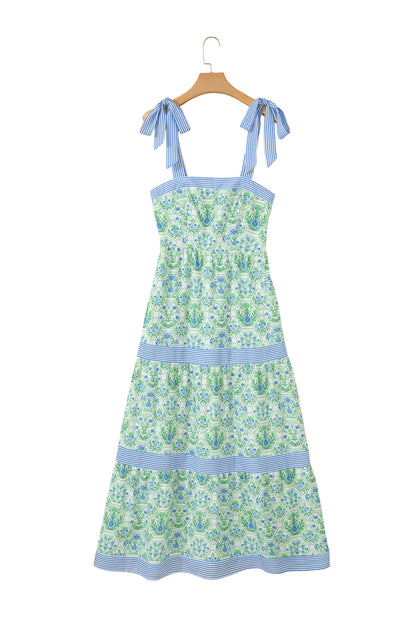 Womens Green Geometric Floral Print Striped Patchwork Detail Sleeveless Dress（Runs Small ）