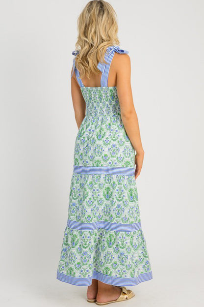 Womens Green Geometric Floral Print Striped Patchwork Detail Sleeveless Dress（Runs Small ）