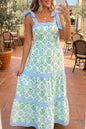 Womens Green Geometric Floral Print Striped Patchwork Detail Sleeveless Dress（Runs Small ）