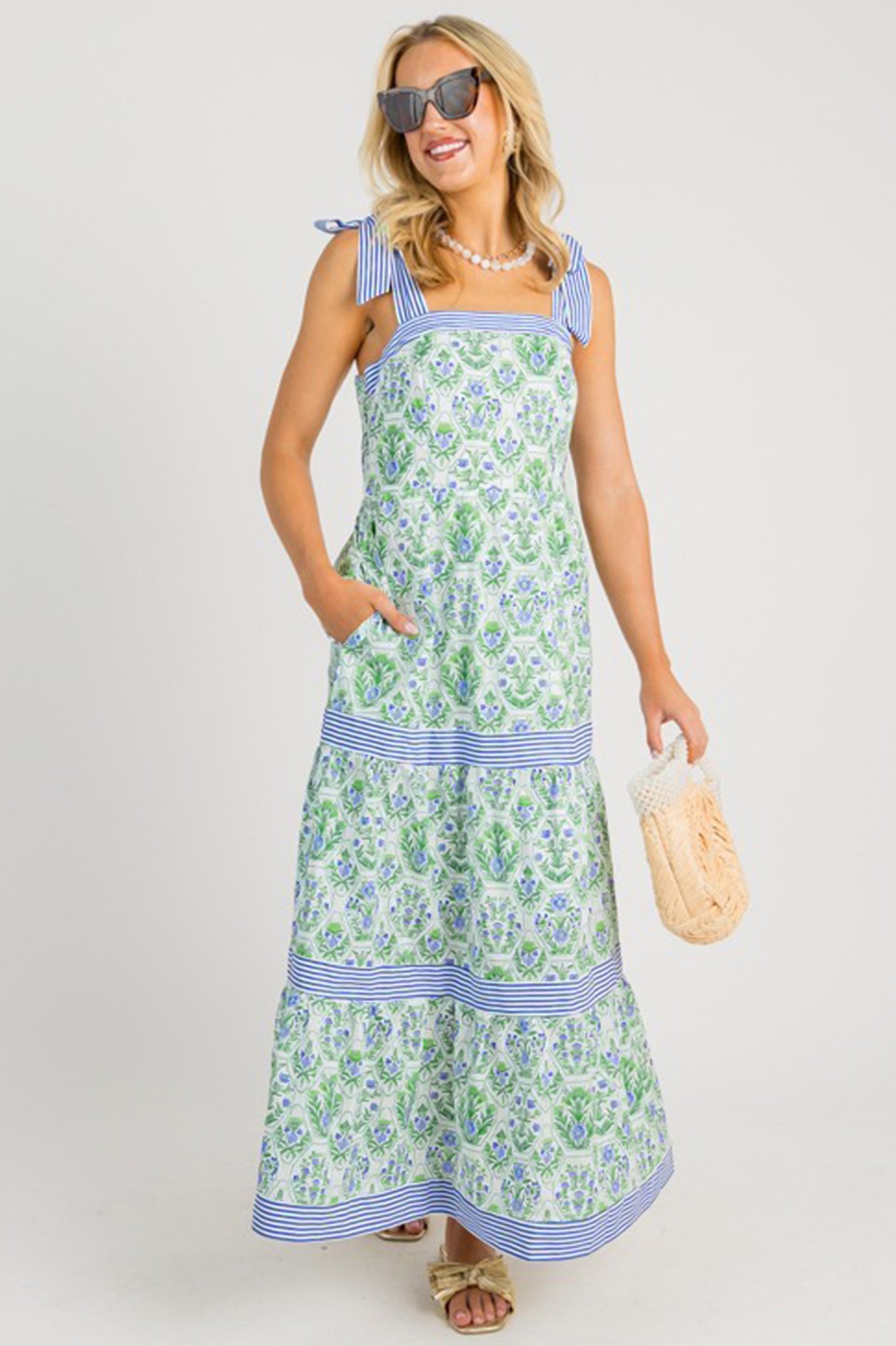 Womens Green Geometric Floral Print Striped Patchwork Detail Sleeveless Dress（Runs Small ）