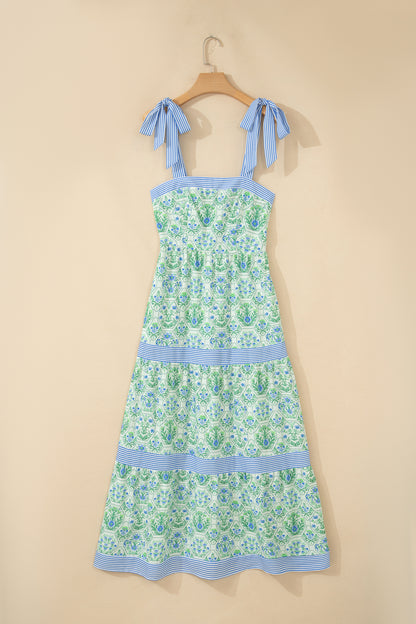 Womens Green Geometric Floral Print Striped Patchwork Detail Sleeveless Dress（Runs Small ）
