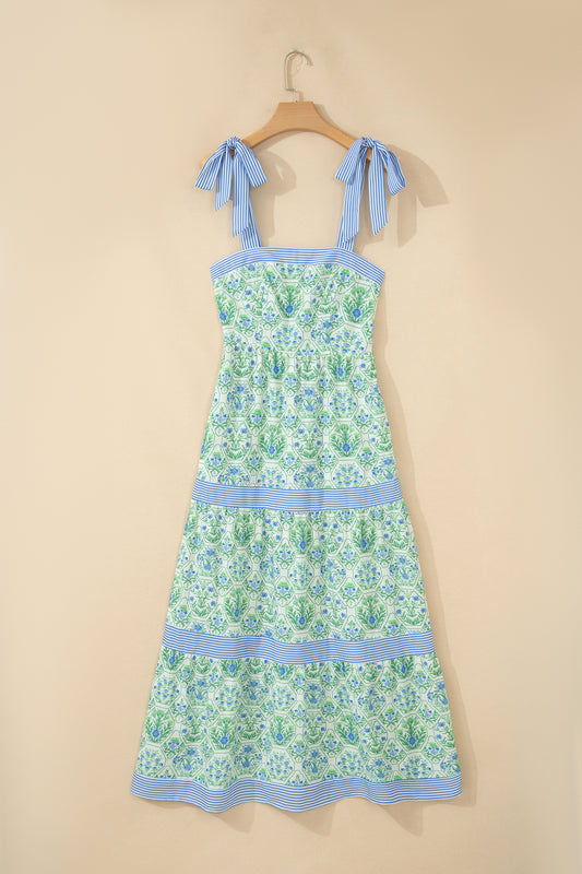 Womens Green Geometric Floral Print Striped Patchwork Detail Sleeveless Dress（Runs Small ）