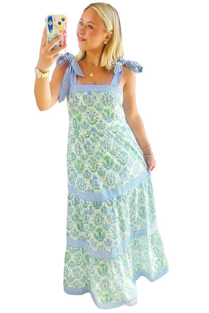 Womens Green Geometric Floral Print Striped Patchwork Detail Sleeveless Dress（Runs Small ）