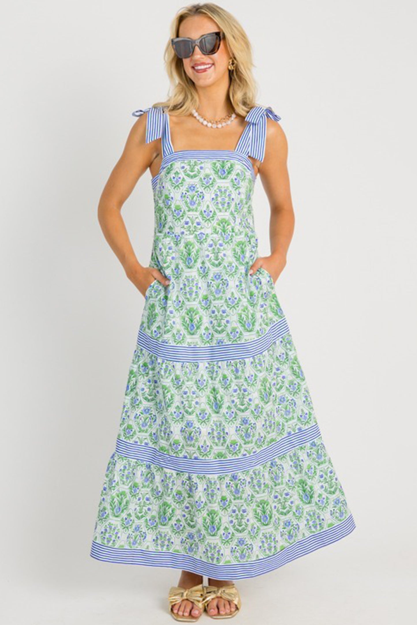 Womens Green Geometric Floral Print Striped Patchwork Detail Sleeveless Dress（Runs Small ）