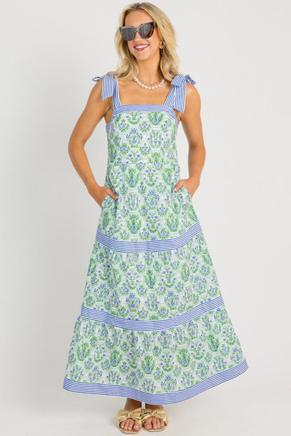 Womens Green Geometric Floral Print Striped Patchwork Detail Sleeveless Dress（Runs Small ）