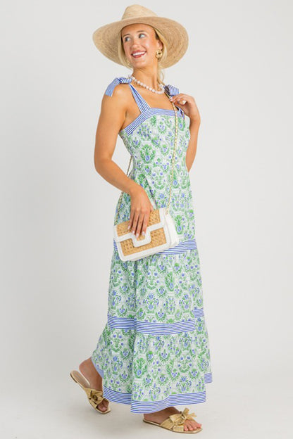 Womens Green Geometric Floral Print Striped Patchwork Detail Sleeveless Dress（Runs Small ）