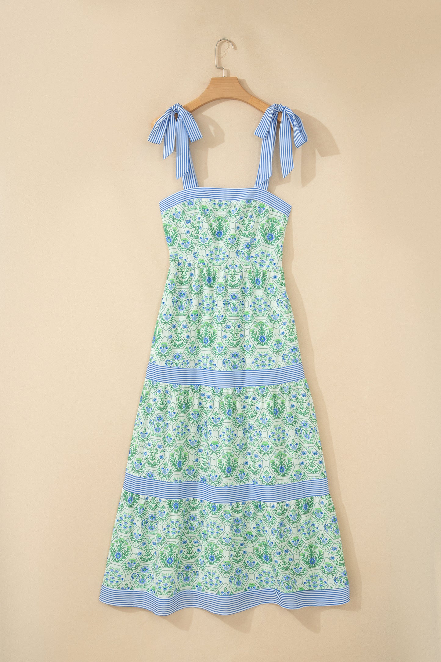 Womens Green Geometric Floral Print Striped Patchwork Detail Sleeveless Dress（Runs Small ）
