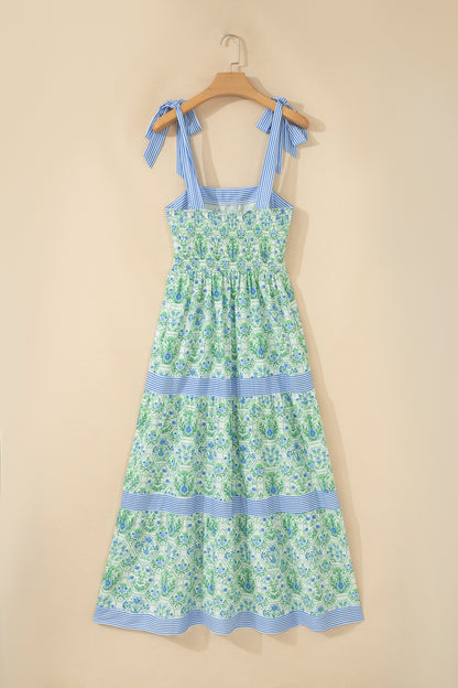 Womens Green Geometric Floral Print Striped Patchwork Detail Sleeveless Dress（Runs Small ）