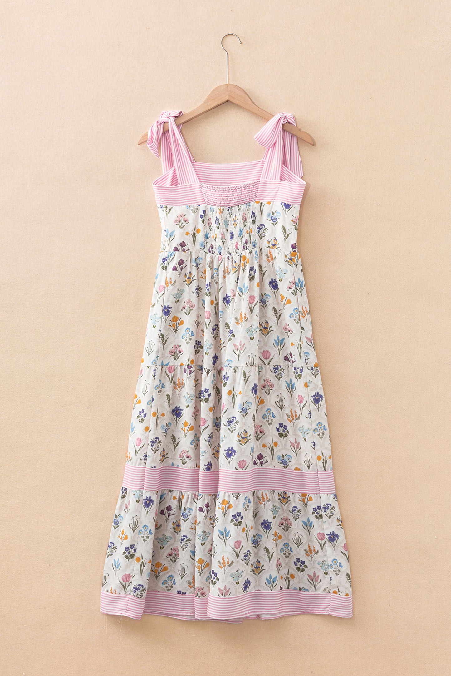Multicolour Floral Print Striped Detail Knot Straps Maxi Dress