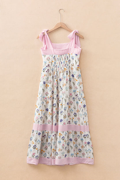 Multicolour Floral Print Striped Detail Knot Straps Maxi Dress