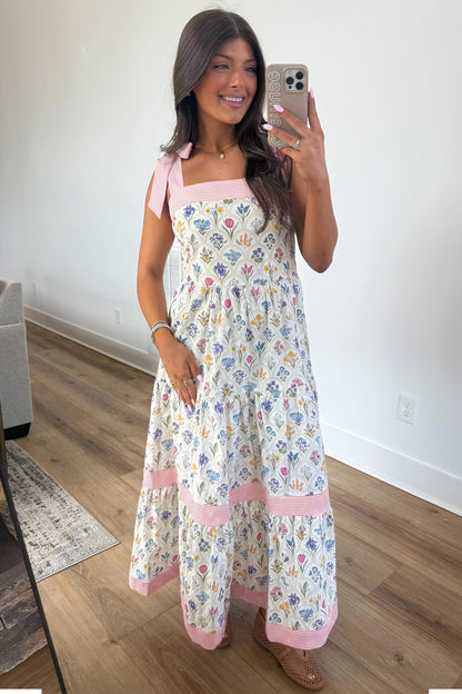 Multicolour Floral Print Striped Detail Knot Straps Maxi Dress