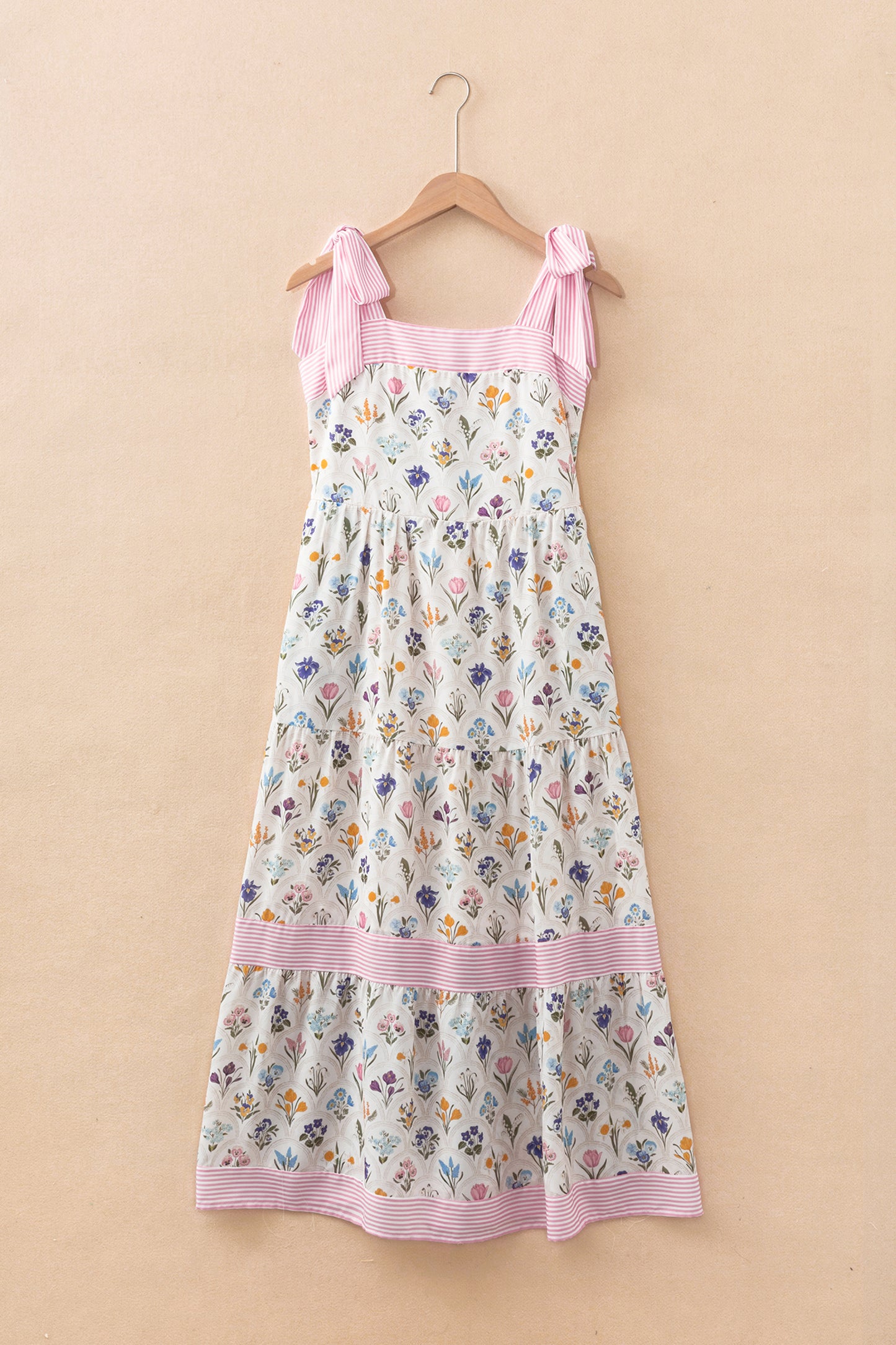 Multicolour Floral Print Striped Detail Knot Straps Maxi Dress