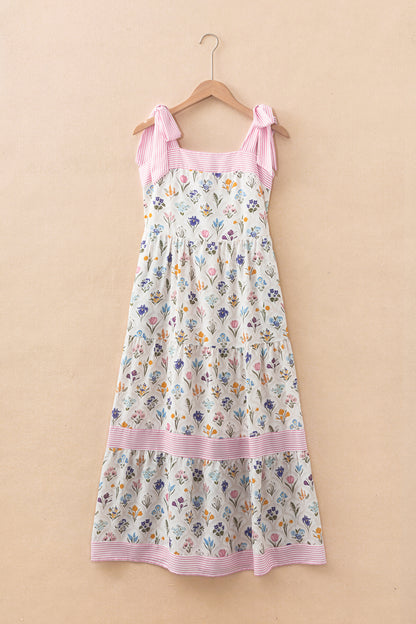 Multicolour Floral Print Striped Detail Knot Straps Maxi Dress