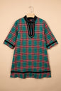 Green Plaid Velvet Trim Pockets Short Shift Dress