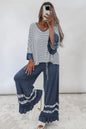 Stripe V Neck Ruffle Contrast Sleeve Top Drawstring Pants 2pcs Set