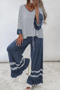Stripe V Neck Ruffle Contrast Sleeve Top Drawstring Pants 2pcs Set