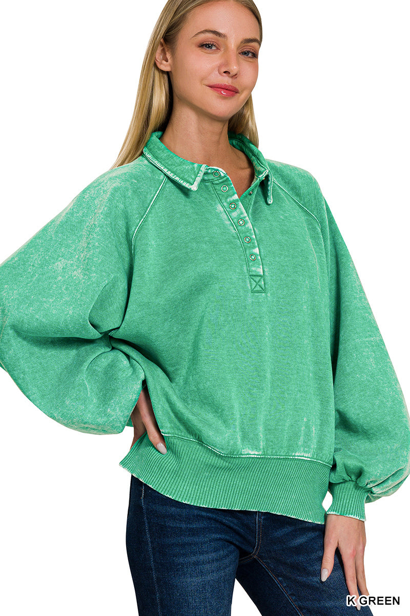 Acid wash fleece button up collared pullover