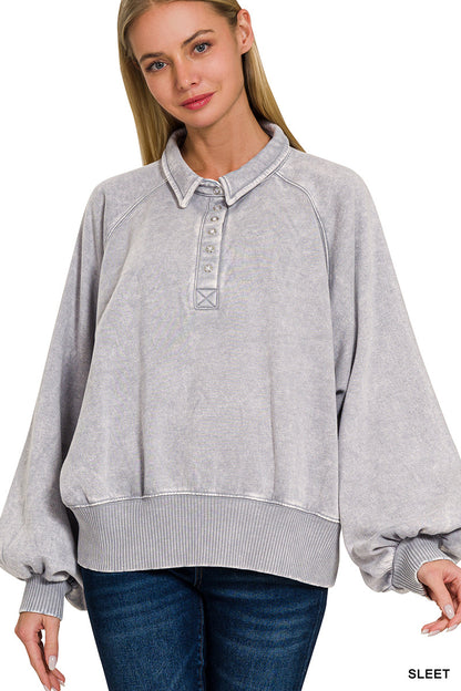 Acid wash fleece button up collared pullover