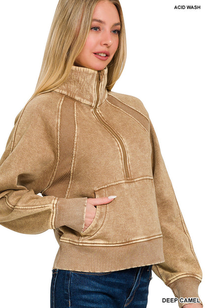 Womens Acid washed half zip fleece pullover kangaroo pocket
