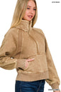 Womens Acid washed half zip fleece pullover kangaroo pocket