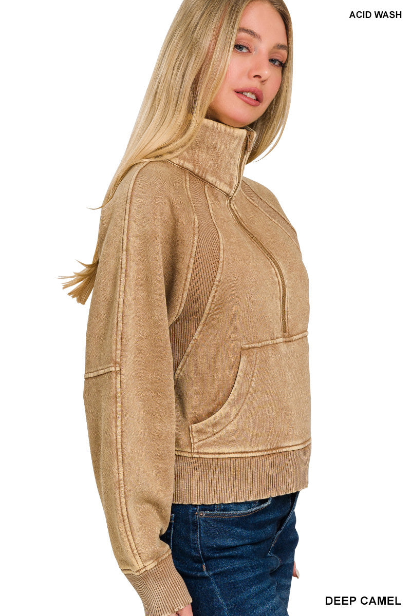 Womens Acid washed half zip fleece pullover kangaroo pocket