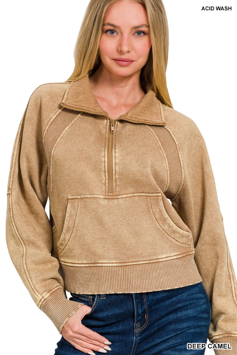 Womens Acid washed half zip fleece pullover kangaroo pocket