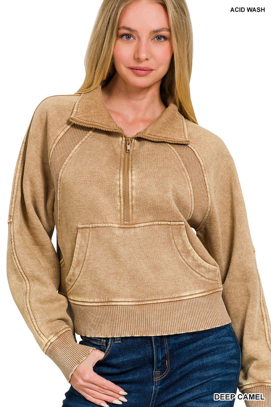 Womens Acid washed half zip fleece pullover kangaroo pocket