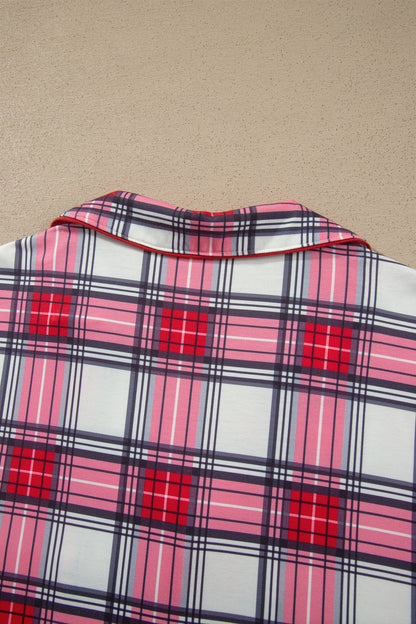 Red Plus Size Short Sleeve Button Down Plaid Pajama 2pcs Pant Set