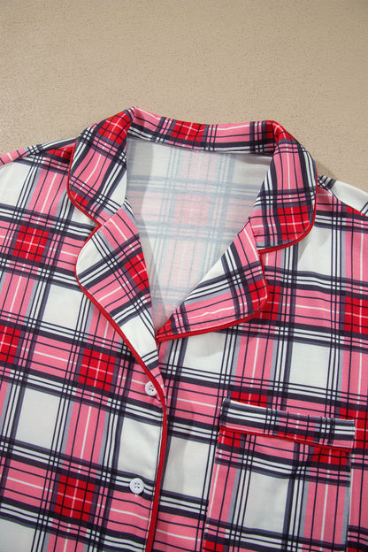 Red Plus Size Short Sleeve Button Down Plaid Pajama 2pcs Pant Set