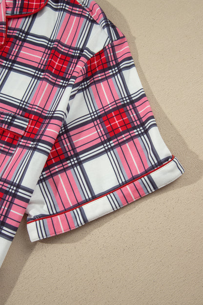 Red Plus Size Short Sleeve Button Down Plaid Pajama 2pcs Pant Set
