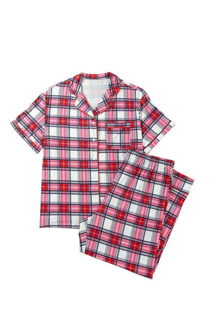 Red Plus Size Short Sleeve Button Down Plaid Pajama 2pcs Pant Set