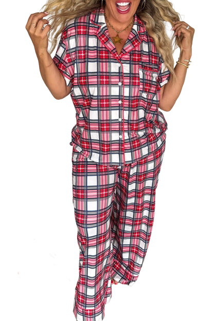 Red Plus Size Short Sleeve Button Down Plaid Pajama 2pcs Pant Set