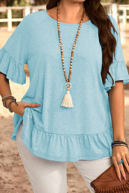 Ruffled Short Sleeve Plus Size Casual Blouse