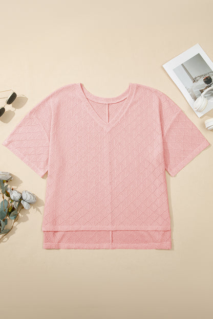 Pointelle Rhombus Knit Plus Size V Neck Loose Top