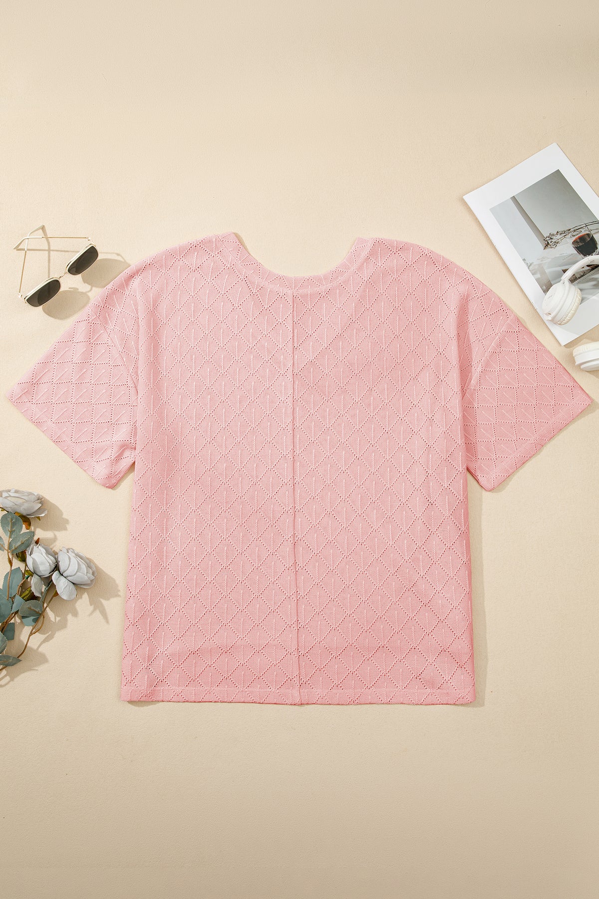 Pointelle Rhombus Knit Plus Size V Neck Loose Top