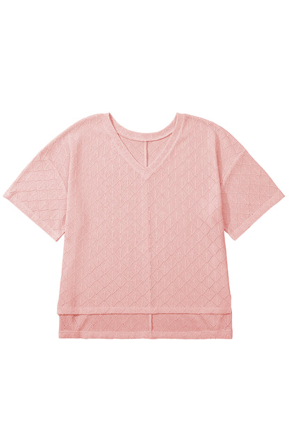 Pointelle Rhombus Knit Plus Size V Neck Loose Top